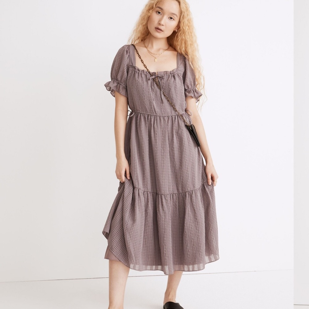 Madewell Square-Neck Tiered Midi Dress in Textured Seersuckers- Small